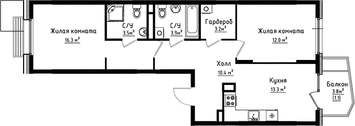 Планировка — Коллекция, 2-комн., 63 м²
