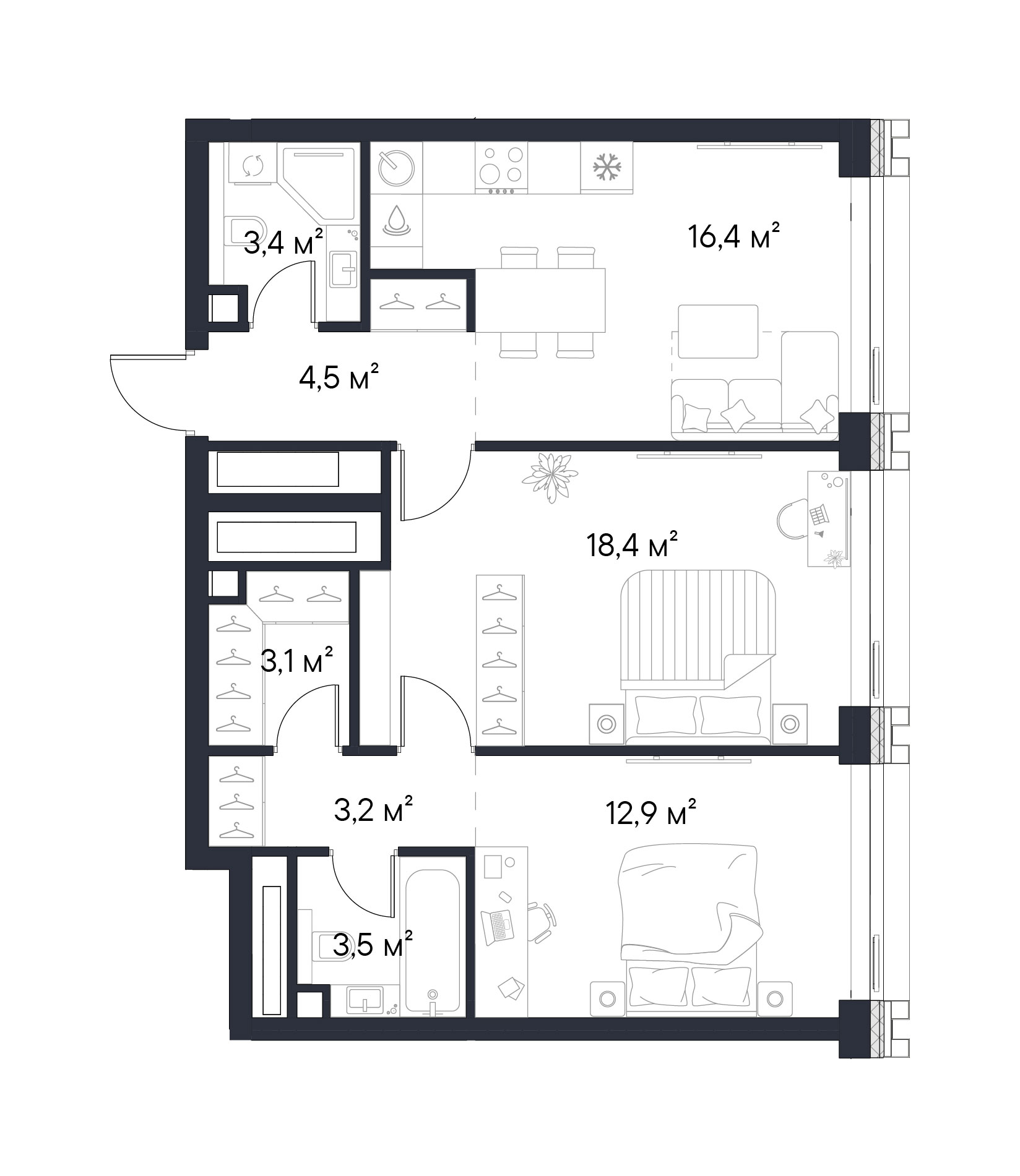Планировка — Первый Нагатинский, 2-комн., 65 м²