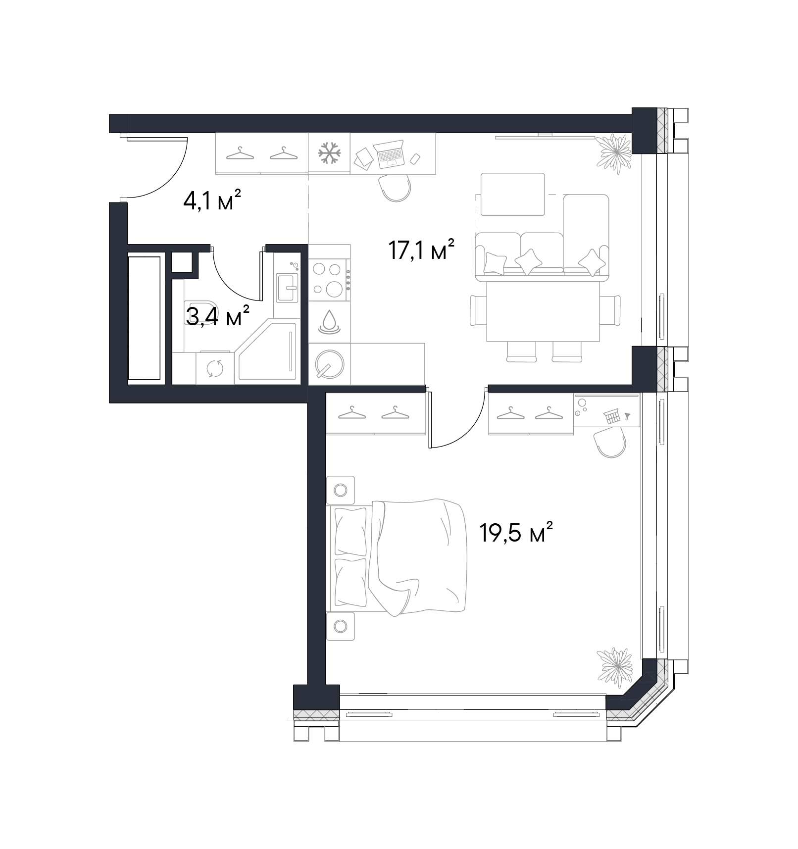 Планировка — Первый Нагатинский, 1-комн., 44 м²
