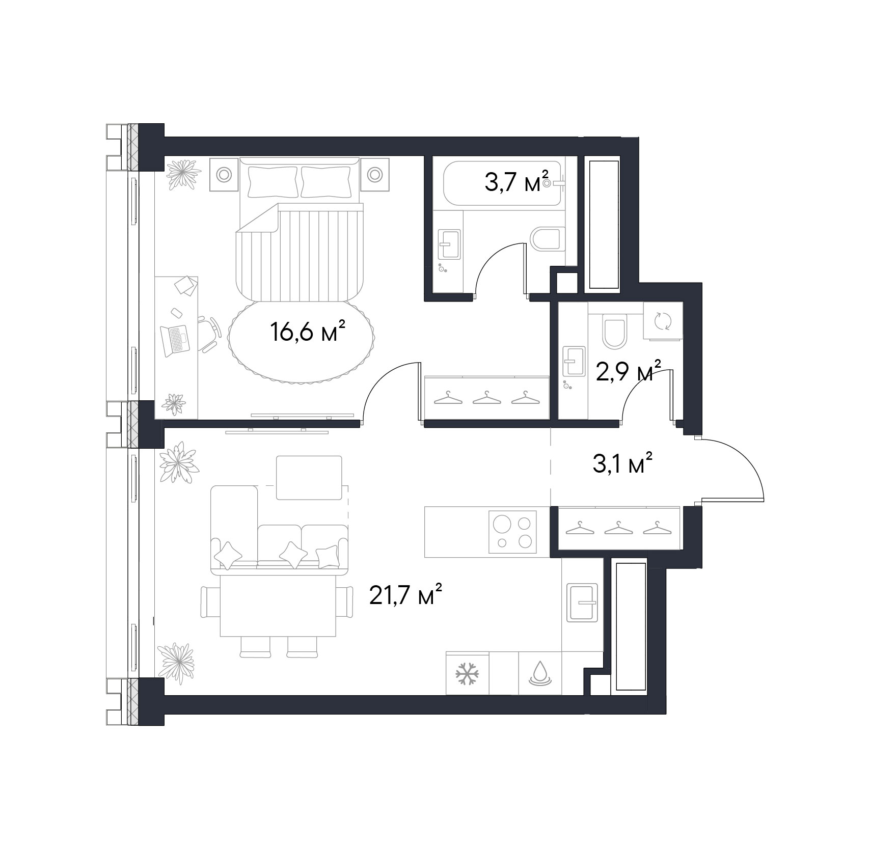 Планировка — Первый Нагатинский, 1-комн., 48 м²