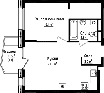 Планировка — Коллекция, 1-комн., 44 м²