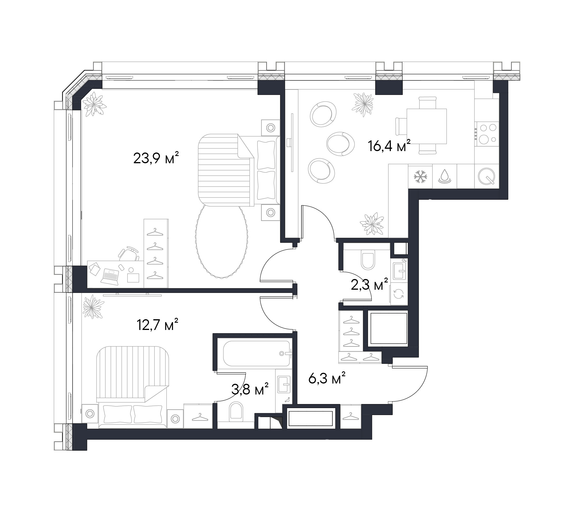 Планировка — Первый Нагатинский, 2-комн., 65 м²