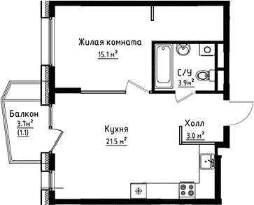 Планировка — Коллекция, 1-комн., 44 м²