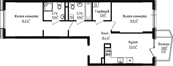 Планировка — Коллекция, 2-комн., 63 м²