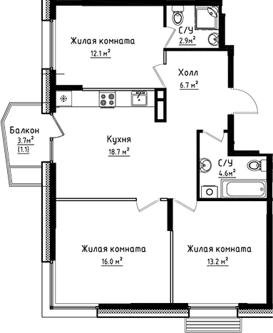 Планировка — Коллекция, 3-комн., 74 м²