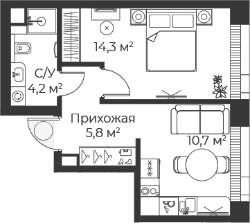 Планировка — Веер, 1-комн., 35 м²