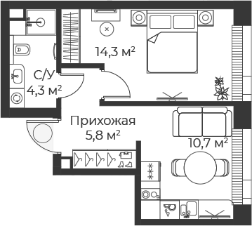 Планировка — Веер, 1-комн., 35 м²