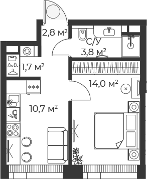 Планировка — Веер, 1-комн., 33 м²