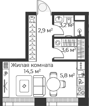 Планировка — Веер, Студия, 30 м²