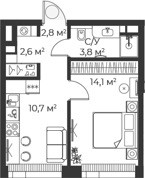 Планировка — Веер, 1-комн., 34 м²