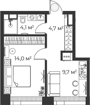 Планировка — Веер, 1-комн., 33 м²
