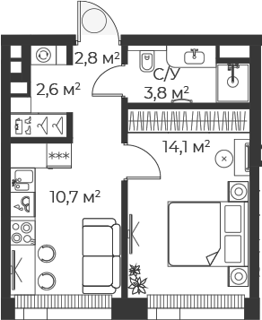 Планировка — Веер, 1-комн., 34 м²