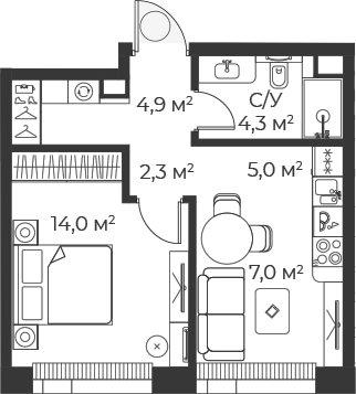 Планировка — Веер, 2-комн., 38 м²