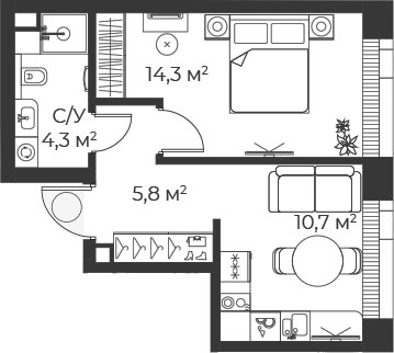 Планировка — Веер, 1-комн., 35 м²