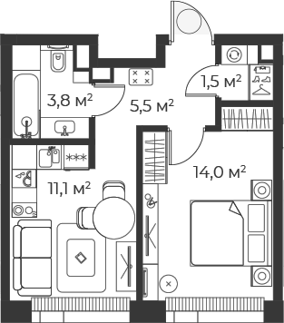 Планировка — Веер, 2-комн., 36 м²