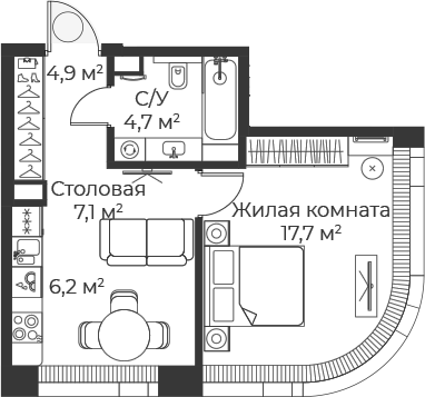 Планировка — Веер, 2-комн., 41 м²