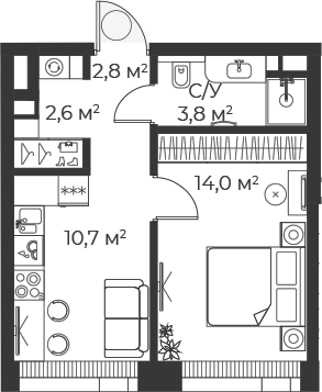 Планировка — Веер, 1-комн., 34 м²