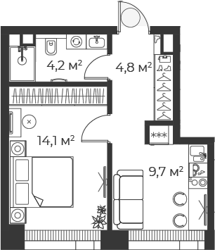 Планировка — Веер, 1-комн., 33 м²