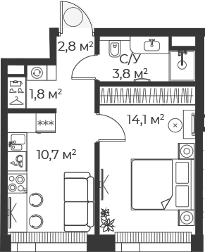 Планировка — Веер, 1-комн., 33 м²