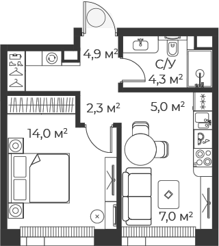 Планировка — Веер, 2-комн., 38 м²