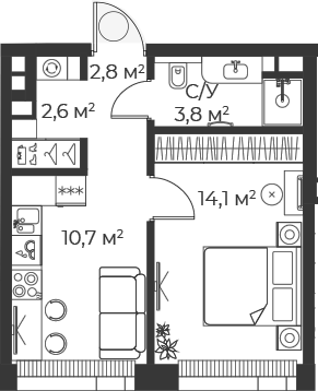 Планировка — Веер, 1-комн., 34 м²