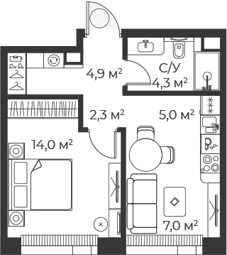 Планировка — Веер, 2-комн., 38 м²