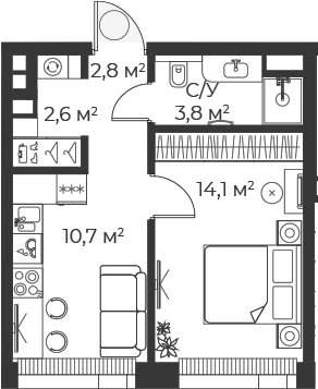 Планировка — Веер, 1-комн., 34 м²