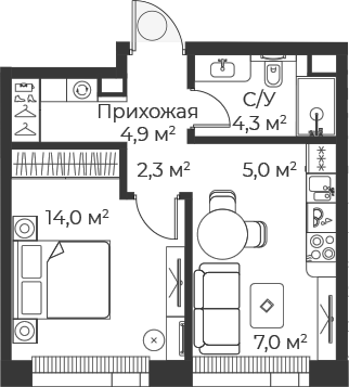 Планировка — Веер, 2-комн., 38 м²
