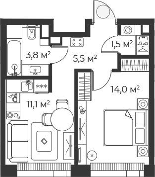 Планировка — Веер, 2-комн., 36 м²