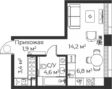 Планировка — Веер, Студия, 31 м²