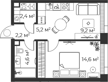 Планировка — Веер, 2-комн., 38 м²