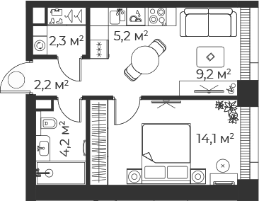 Планировка — Веер, 2-комн., 37 м²