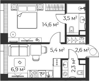 Планировка — Веер, 2-комн., 35 м²