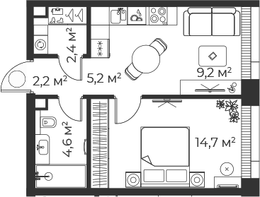 Планировка — Веер, 2-комн., 38 м²