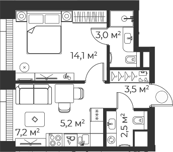 Планировка — Веер, 2-комн., 36 м²