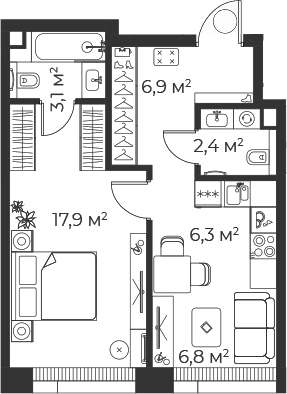 Планировка — Веер, 2-комн., 43 м²