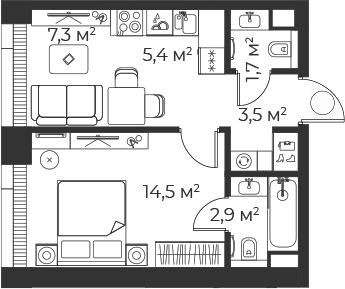 Планировка — Веер, 2-комн., 35 м²