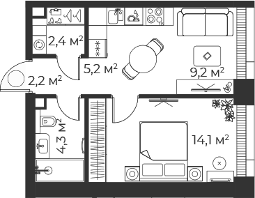 Планировка — Веер, 2-комн., 37 м²