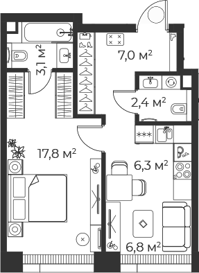 Планировка — Веер, 2-комн., 43 м²