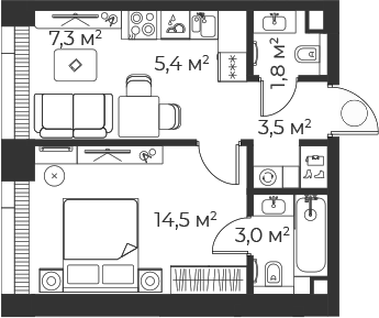 Планировка — Веер, 2-комн., 36 м²