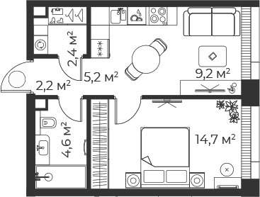 Планировка — Веер, 2-комн., 38 м²
