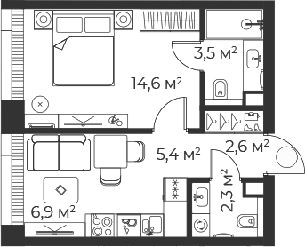 Планировка — Веер, 2-комн., 35 м²