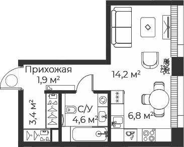 Планировка — Веер, Студия, 31 м²