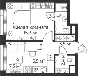 Планировка — Веер, 2-комн., 37 м²