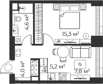 Планировка — Веер, 2-комн., 37 м²
