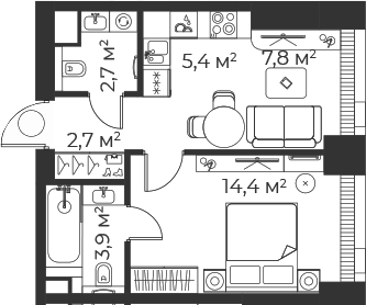 Планировка — Веер, 2-комн., 37 м²