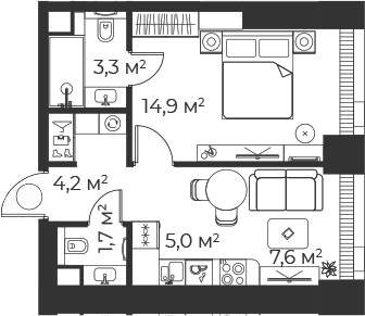 Планировка — Веер, 2-комн., 37 м²