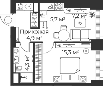 Планировка — Веер, 2-комн., 37 м²