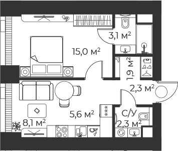 Планировка — Веер, 2-комн., 38 м²