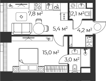 Планировка — Веер, 2-комн., 38 м²